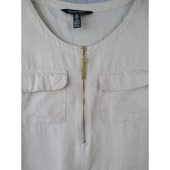 Ellen Tracy Womens Medium Linen Top Beige Tassel Zip Coastal Lagenlook Pockets - Picture 6 of 12